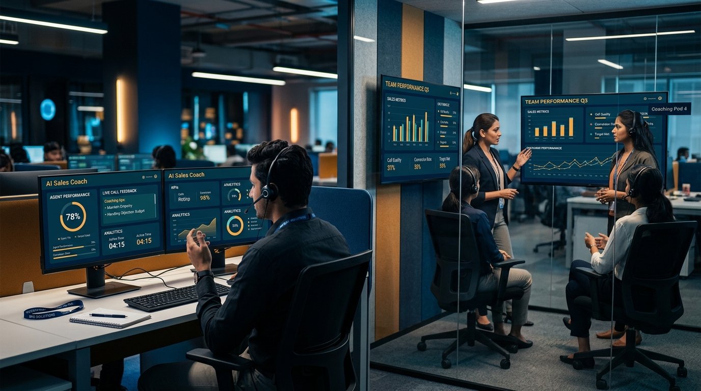 Sales agent at AI coaching workstation alongside a live training session in a modern BPO contact centre