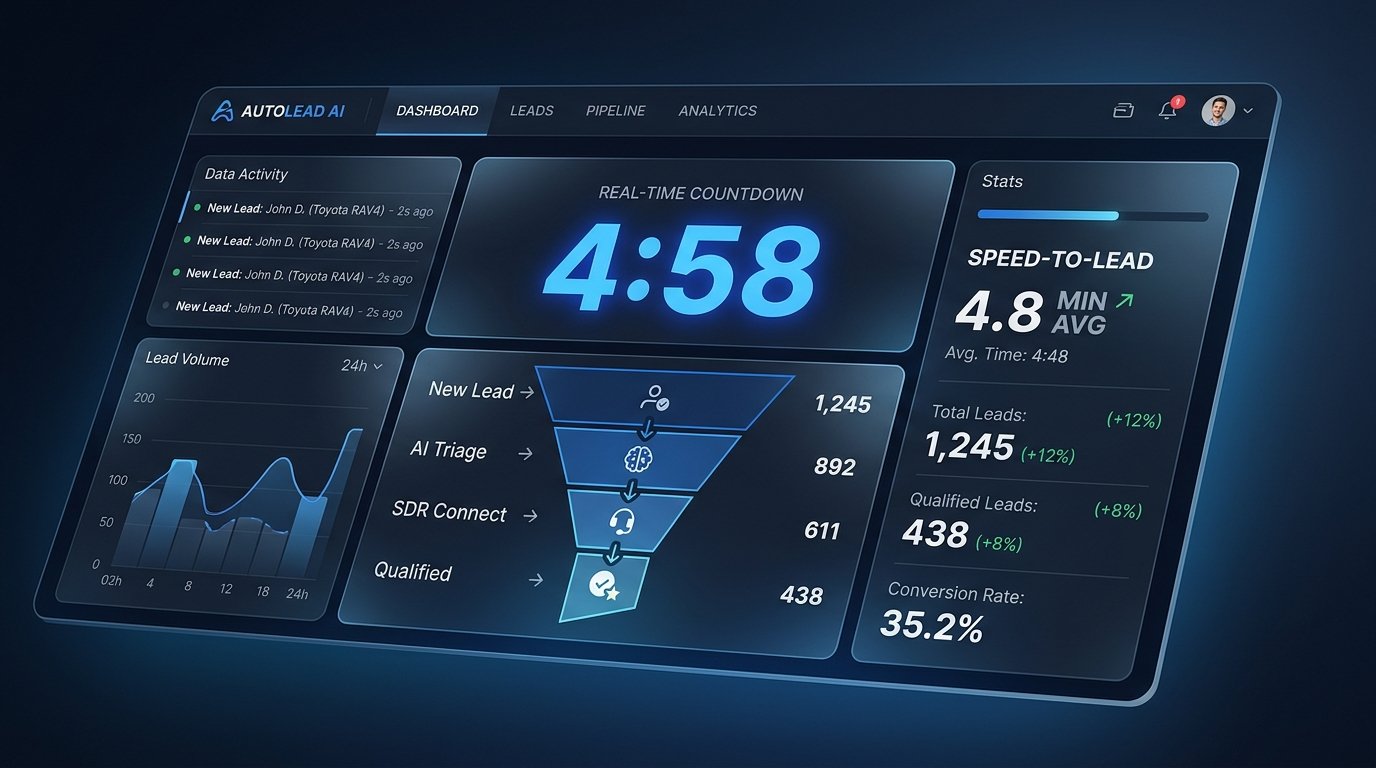 Real-time AutoTech lead pipeline dashboard showing AI triage funnel and 4:58 speed-to-lead countdown timer