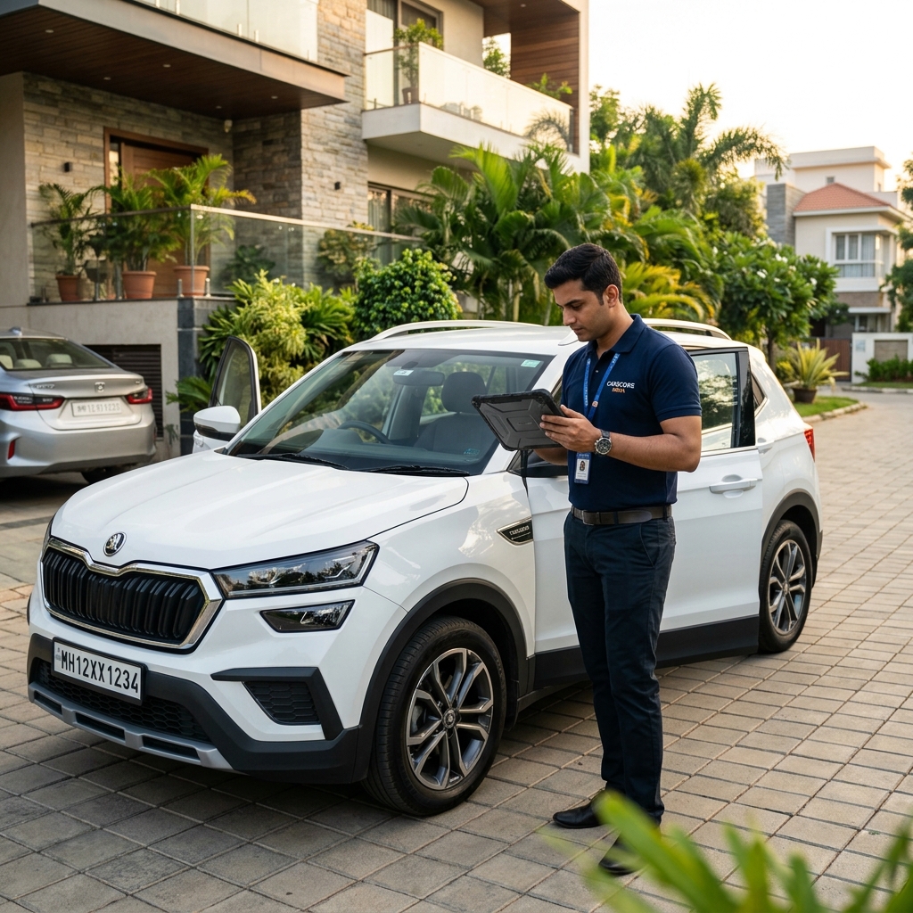 Professional evaluating a used car for doorstep inspection