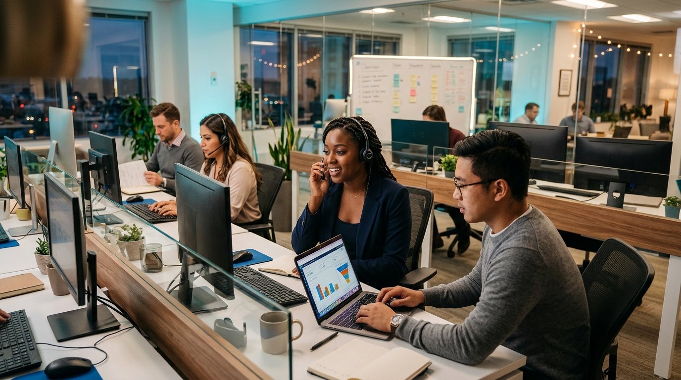 Sales development representatives in a modern tech office conducting client discovery calls with pipeline dashboards visible