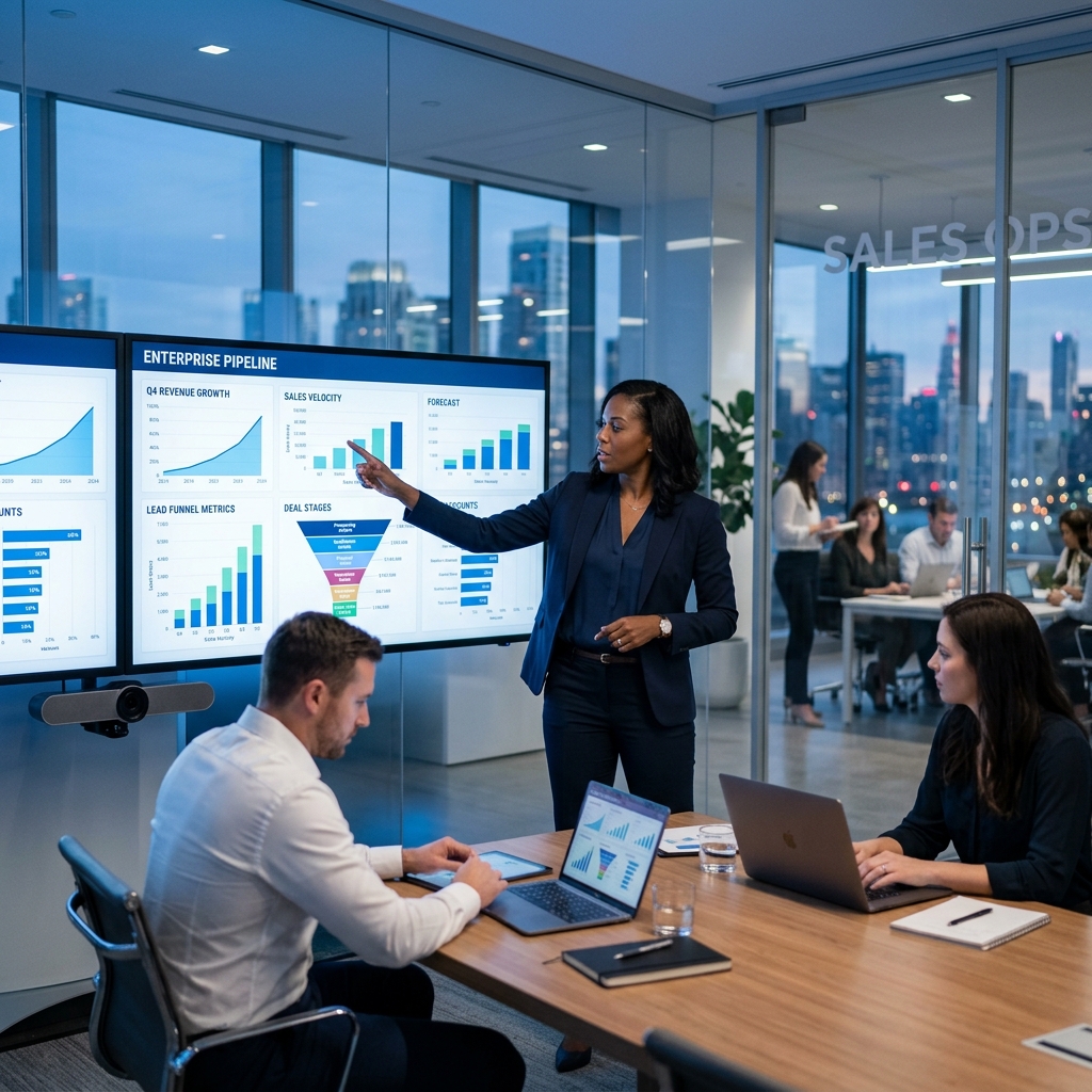 B2B enterprise sales professional reviewing pipeline on dashboard screens