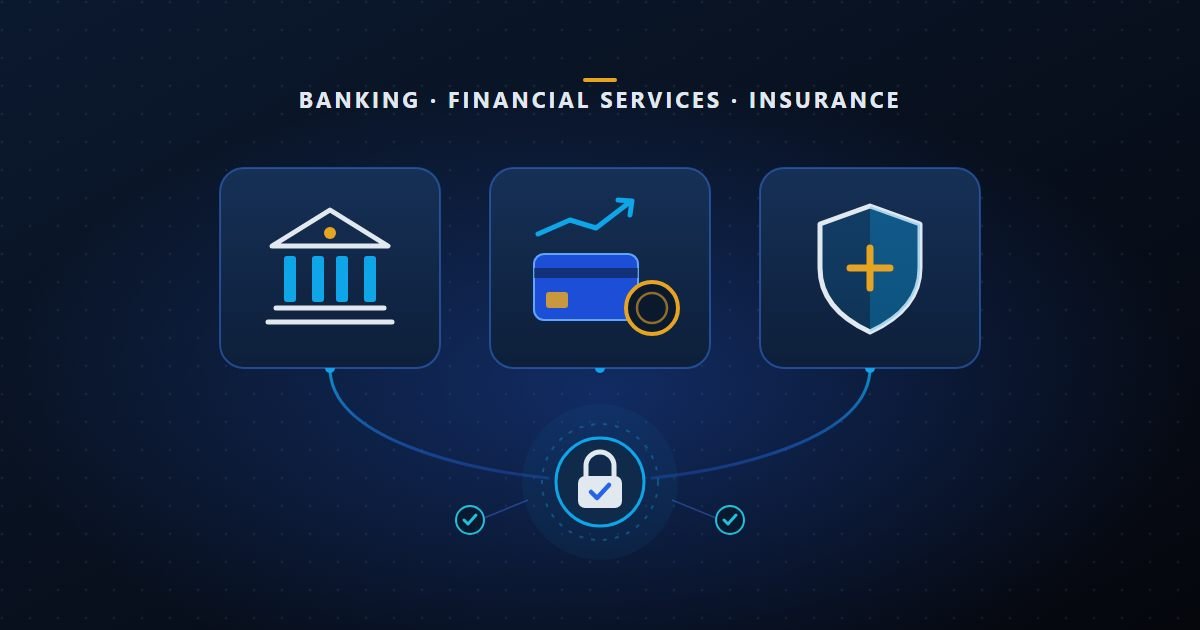 Illustration of the three BFSI sectors: a bank building, a payment card with a rising chart and coin, and an insurance shield, all connected to a secure back-office verification hub