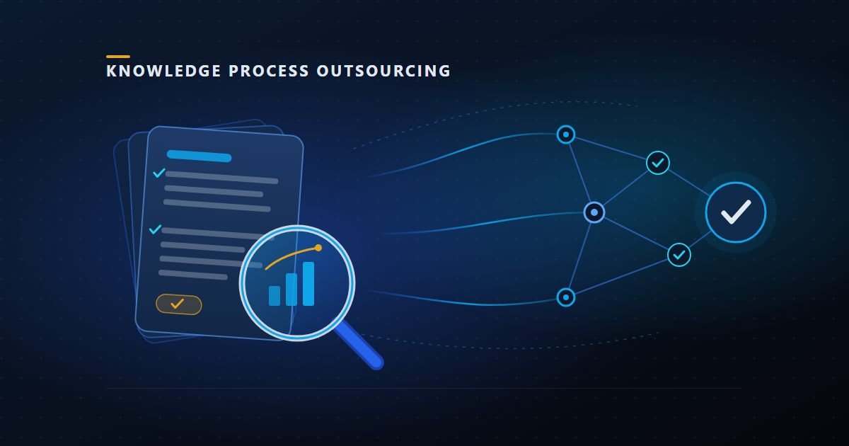 Illustration of knowledge process outsourcing: a stack of documents under a magnifying glass feeding an analysis network that ends in a verified checkmark